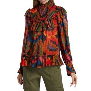 Farm Rio Flowers Smocked Blouse Ruffle Detail Floral Colorful Top Sz XS NEW $195